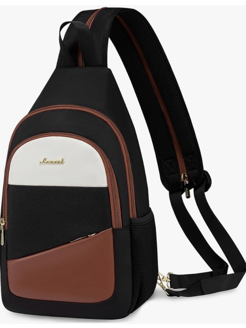 Compact Women's Tri-Panel Sling Backpack — Black, Brown & White